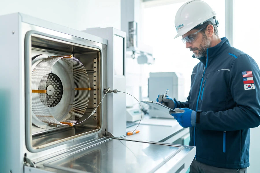 Cromatógrafo de gases con el horno abierto y la columna capilar a la vista