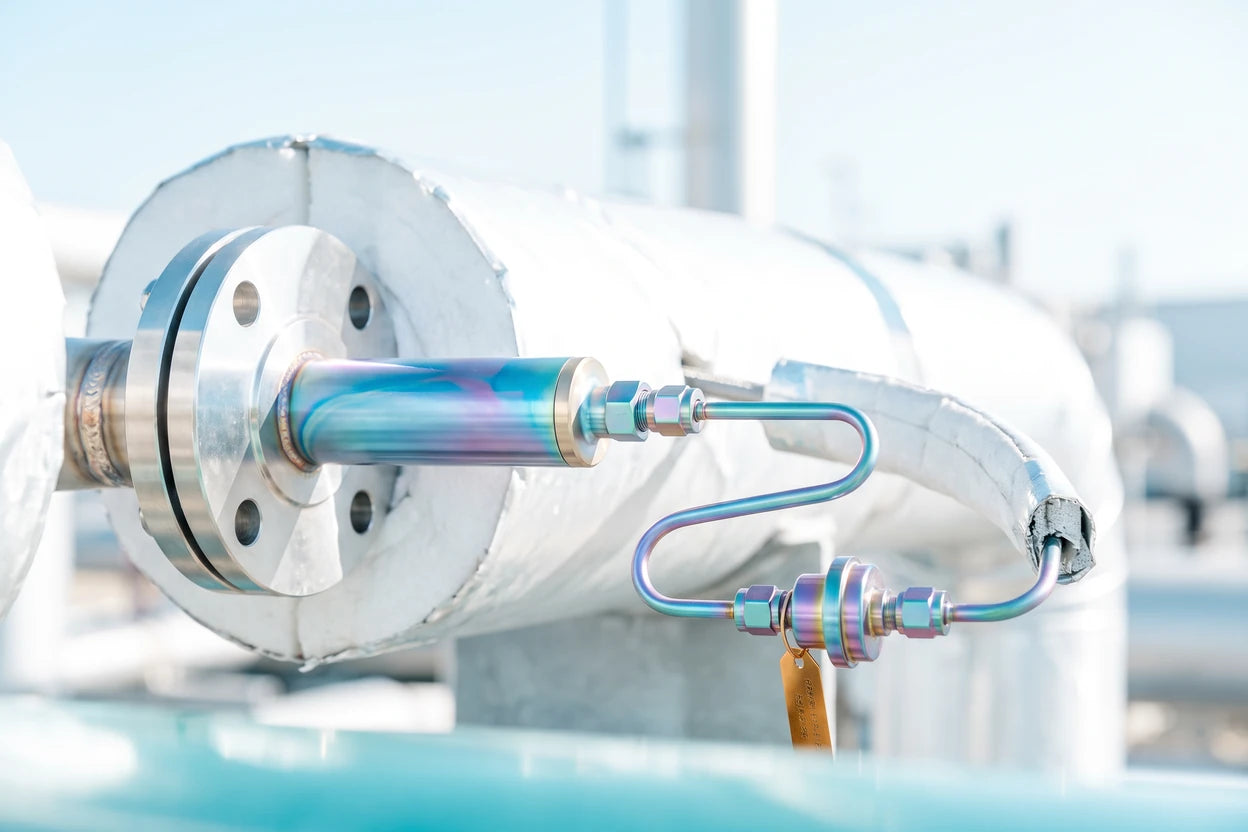 Sonda de muestreo de gases instalada sobre una tuber\u00eda de proceso, con su primer tramo de tubing y el filtro en l\u00ednea
