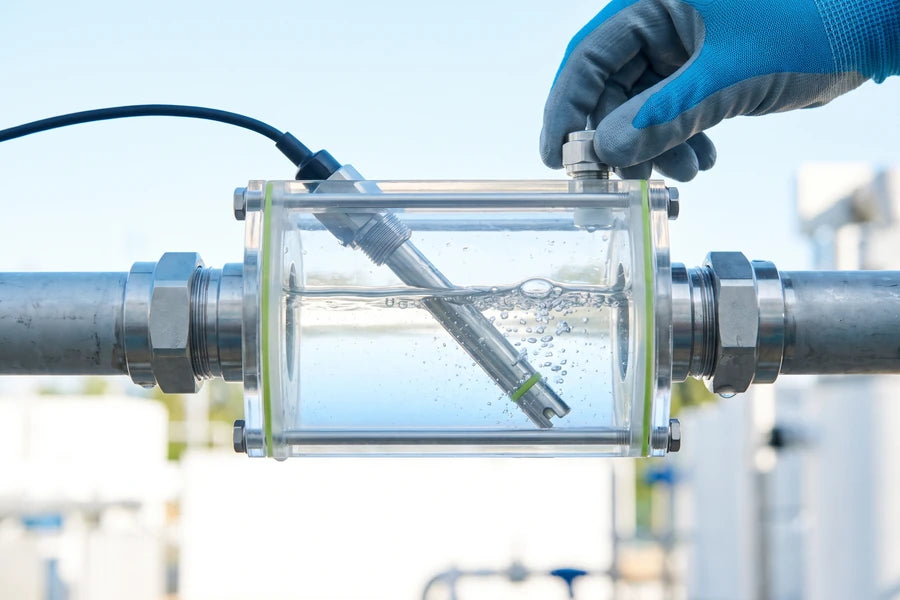 Sonda de pH en una cámara de flujo del punto de dosificación