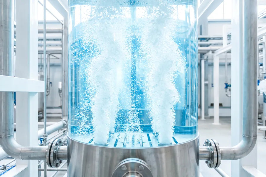 Microburbujas de CO₂ subiendo por el agua de un contactor