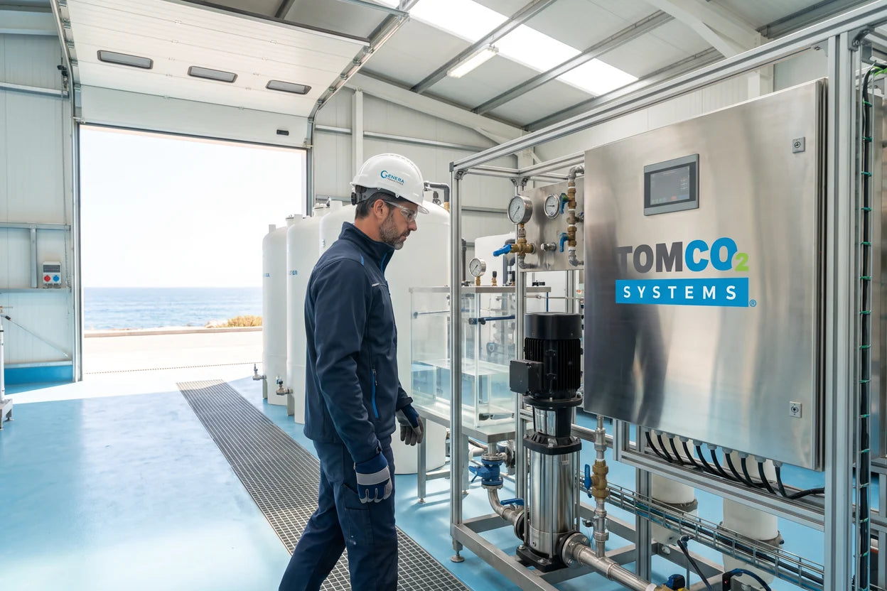 Módulo de dosificación de CO₂ en el postratamiento de una planta desaladora, junto al canal de agua producto